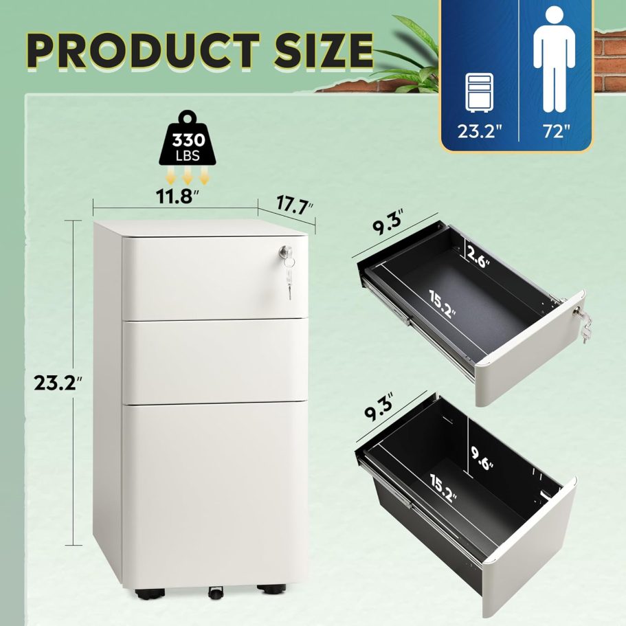 DEVAISE 3-Drawer Slim Vertical File Cabinet, Fully Assembled Except Casters, Legal/Letter Size, White - Image 3