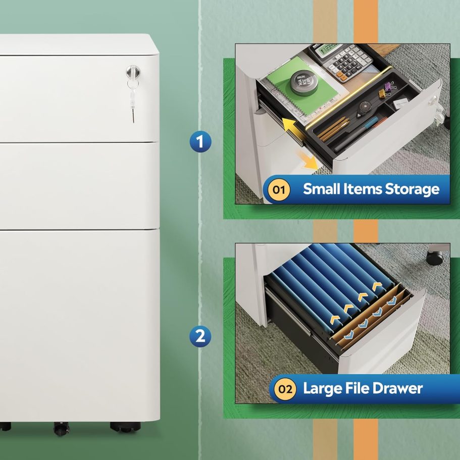 DEVAISE 3-Drawer Slim Vertical File Cabinet, Fully Assembled Except Casters, Legal/Letter Size, White - Image 4