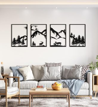 4 Pack Metal Wall Art, Mountain Iron Wall Sculpture, Art Wall Décor for Office, Dining Room, Living Room, Bedroom (Black, 17 x 12 in)
