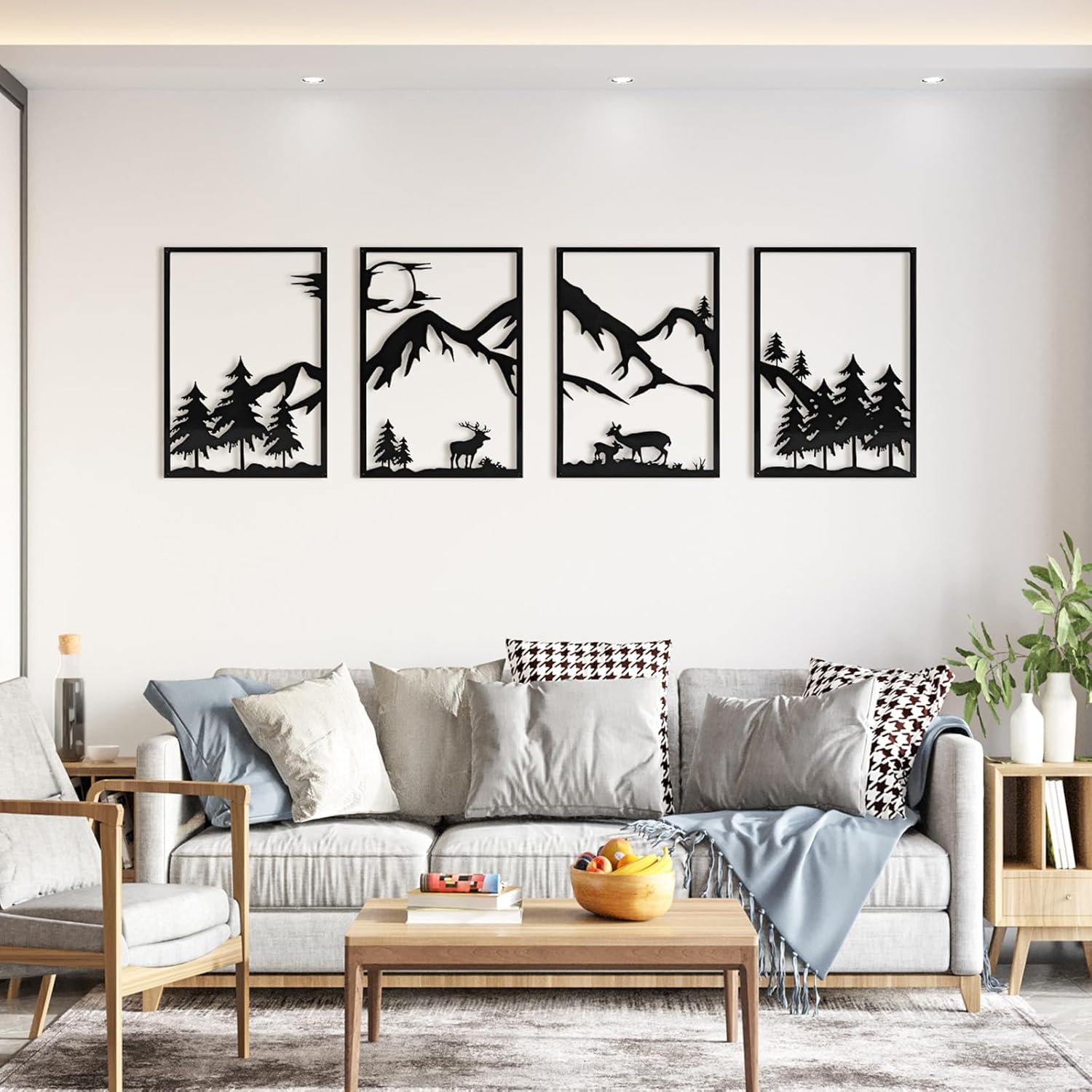 4 Pack Metal Wall Art, Mountain Iron Wall Sculpture, Art Wall Décor for Office, Dining Room, Living Room, Bedroom (Black, 17 x 12 in)