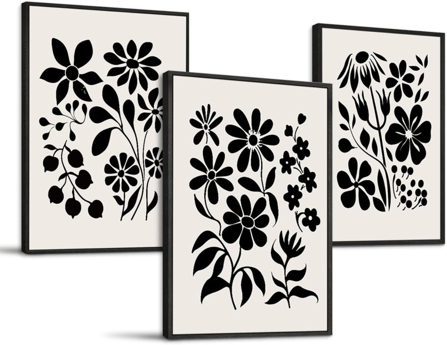 Black and White Wall Art Framed Bedroom Decor Aesthetic, Botanical Floral Canvas Wall Art for Living Room Boho, Set of 3 Flower Market Prints Farmhouse Wall Decor,12 x16 inch