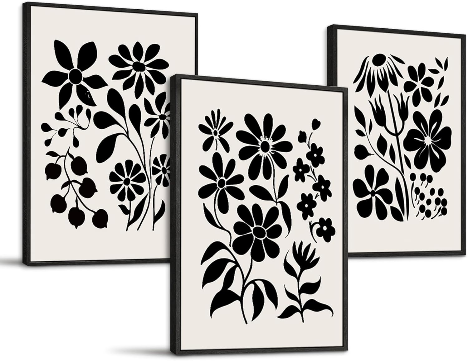 Black and White Wall Art Framed Bedroom Decor Aesthetic, Botanical Floral Canvas Wall Art for Living Room Boho, Set of 3 Flower Market Prints Farmhouse Wall Decor,12 x16 inch
