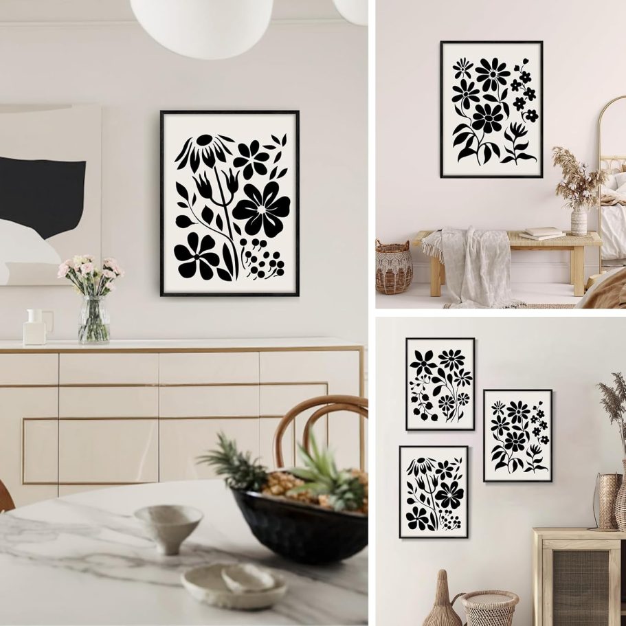 Black and White Wall Art Framed Bedroom Decor Aesthetic, Botanical Floral Canvas Wall Art for Living Room Boho, Set of 3 Flower Market Prints Farmhouse Wall Decor,12 x16 inch - Image 3