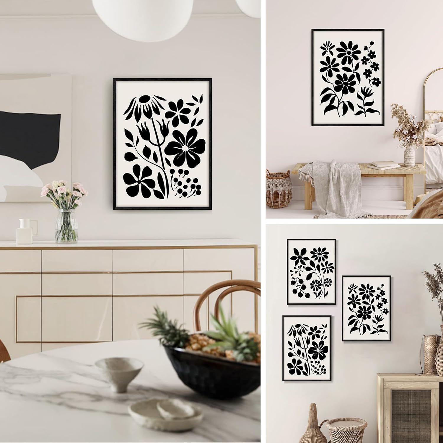 Black and White Wall Art Framed Bedroom Decor Aesthetic, Botanical Floral Canvas Wall Art for Living Room Boho, Set of 3 Flower Market Prints Farmhouse Wall Decor,12 x16 inch - Image 3