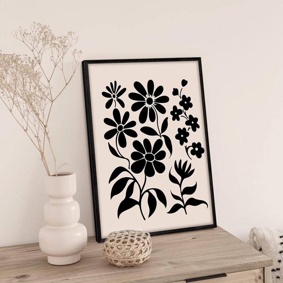 Black and White Wall Art Framed Bedroom Decor Aesthetic, Botanical Floral Canvas Wall Art for Living Room Boho, Set of 3 Flower Market Prints Farmhouse Wall Decor,12 x16 inch - Image 5