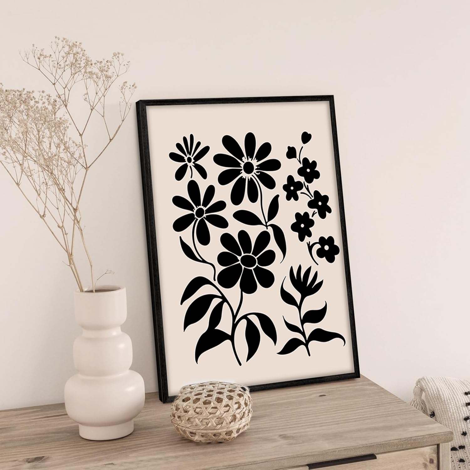 Black and White Wall Art Framed Bedroom Decor Aesthetic, Botanical Floral Canvas Wall Art for Living Room Boho, Set of 3 Flower Market Prints Farmhouse Wall Decor,12 x16 inch - Image 5
