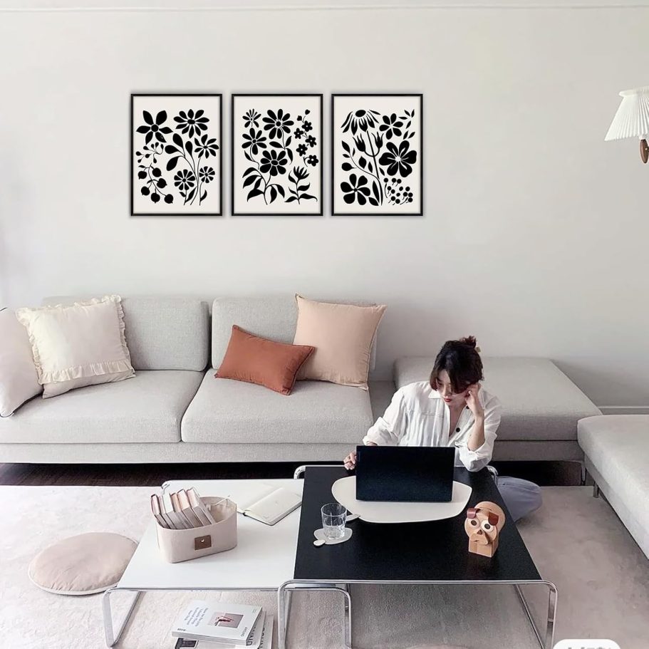 Black and White Wall Art Framed Bedroom Decor Aesthetic, Botanical Floral Canvas Wall Art for Living Room Boho, Set of 3 Flower Market Prints Farmhouse Wall Decor,12 x16 inch - Image 6
